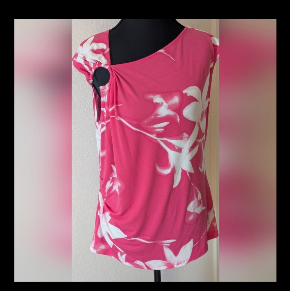 Calvin Klein Pink White Floral Asymmetrical Blouse Size Large